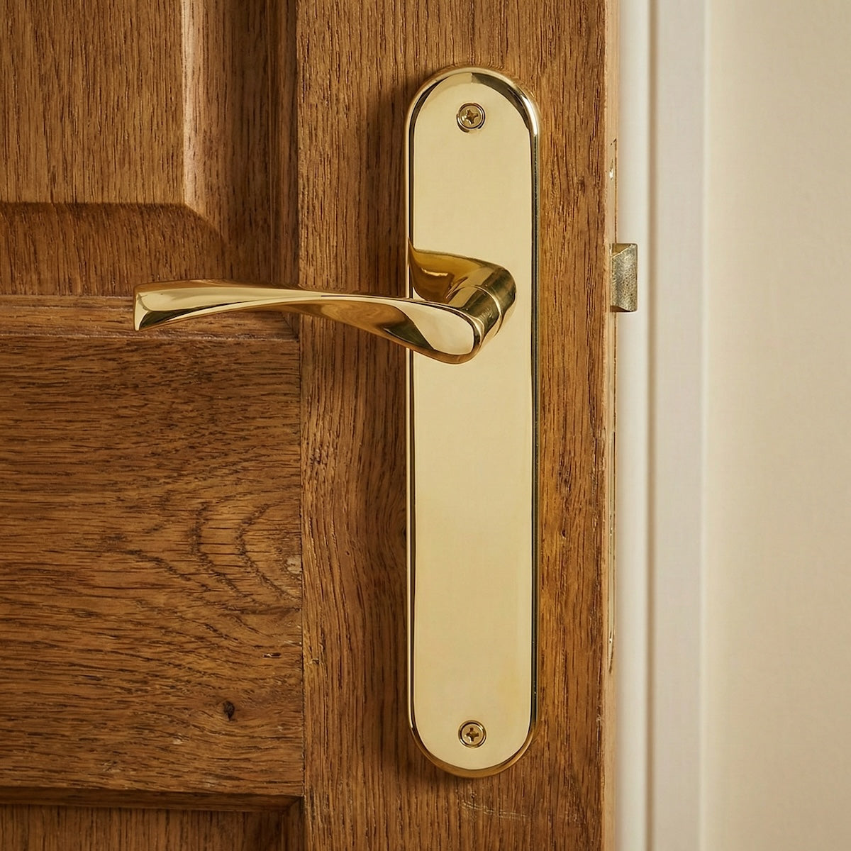 Manilla modelo '130' de zamak con placa ovalada en acabado dorado brillo para puertas