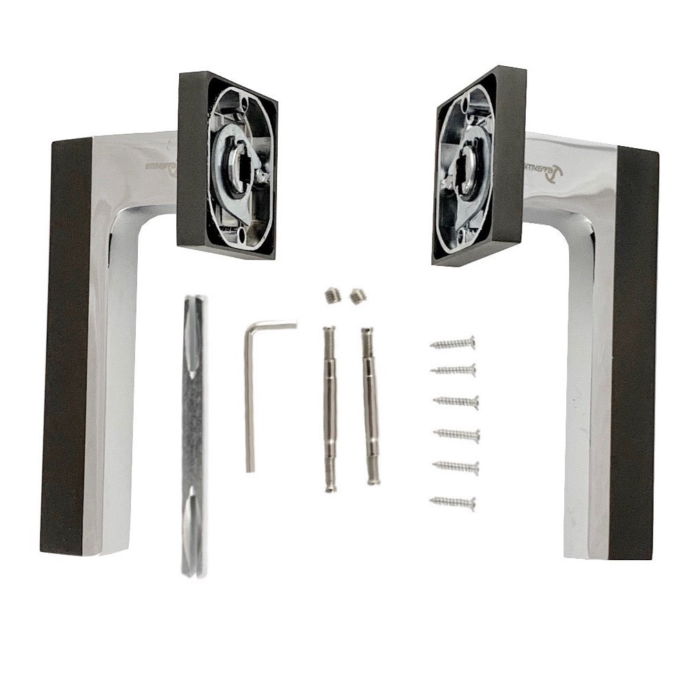 Accesorios manilla con roseta cuadrada de zamak acabado bicolor para puertas modelo 848