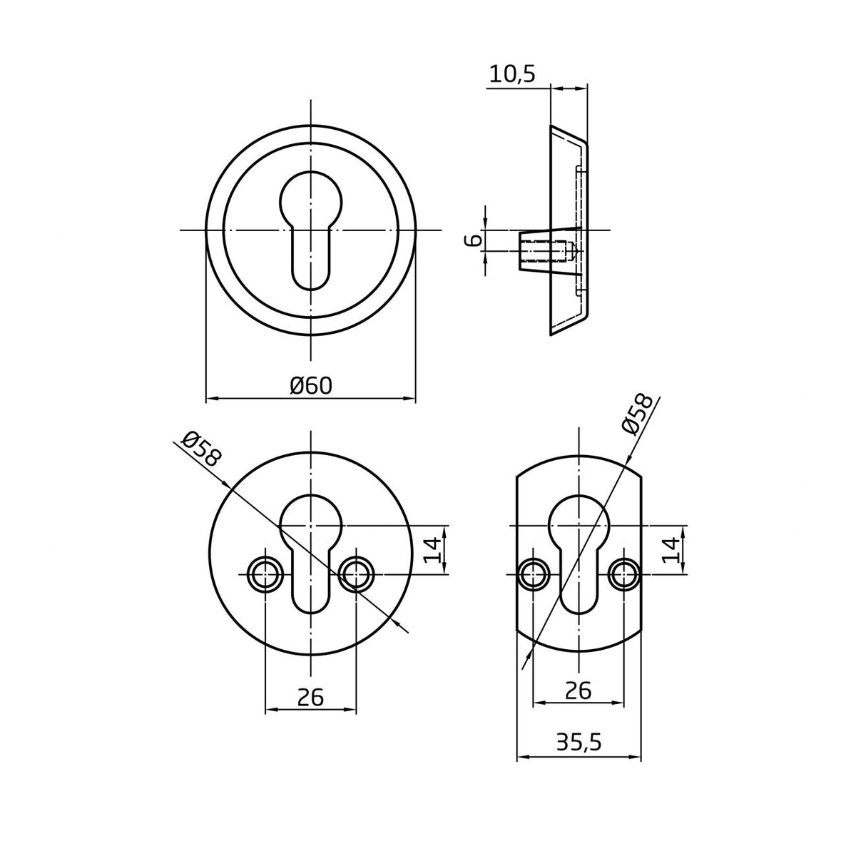 Vernikkelde veiligheidsrozet met open cilindergat voor deuren dikker dan 40mm