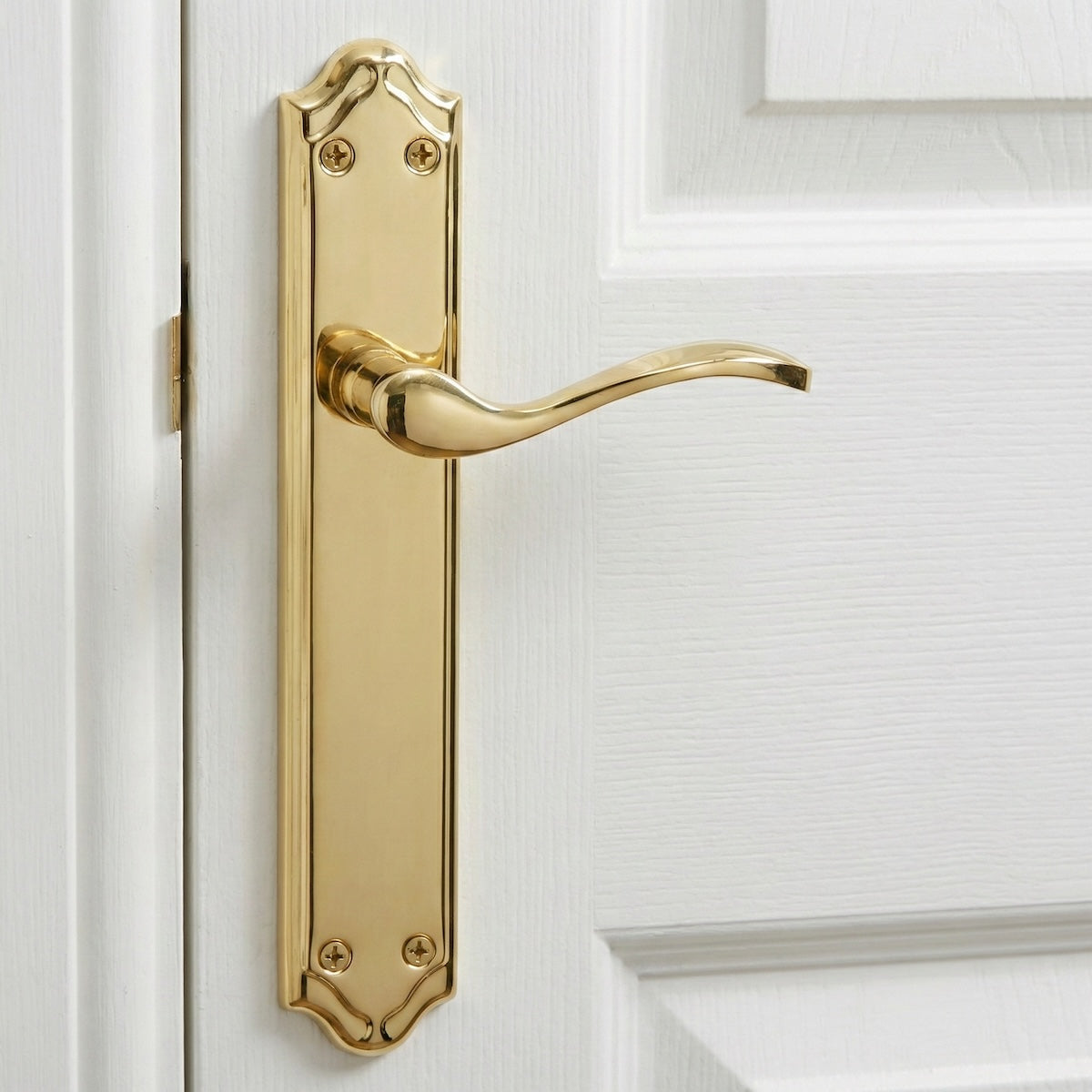 Manilla modelo LOREA PB con placa dorada brillante de aluminio para puertas