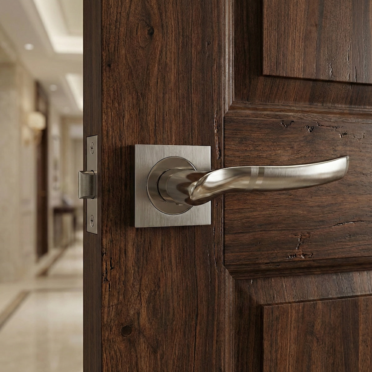 Maniglia '230A' in alluminio color nichel combinata con rosetta quadrata per porte