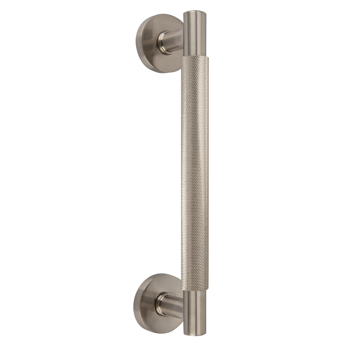 Manillón moleteado de zamak con roseta redonda Ø52 mm níquel satinado para puertas