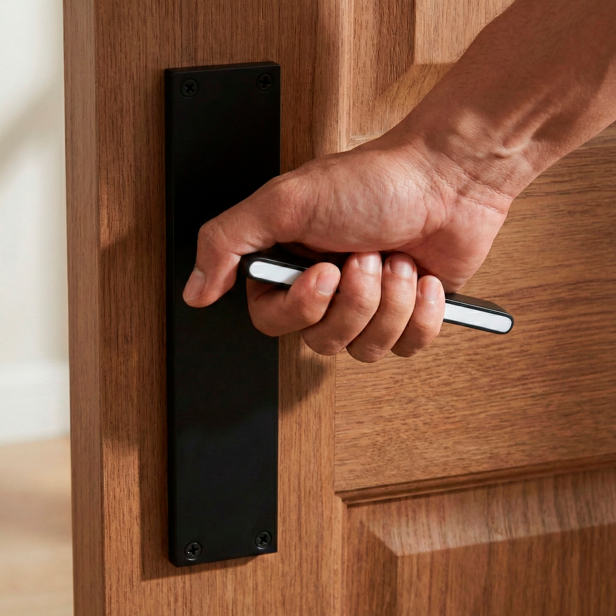 Manilla modelo '810' de zamak con placa rectangular acabado negro para puertas