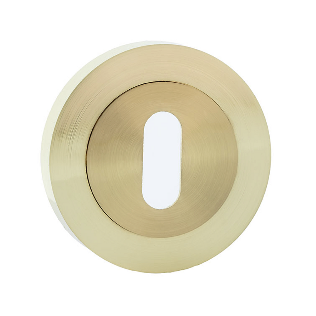 Bocallave roseta redonda oval en acabado dorado satinado para puertas