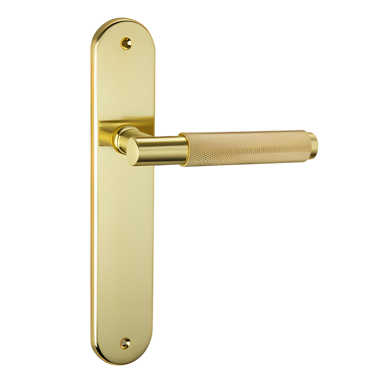 Manilla con placa ovalada de zamak 48x250 mm en latonado satinado para puertas