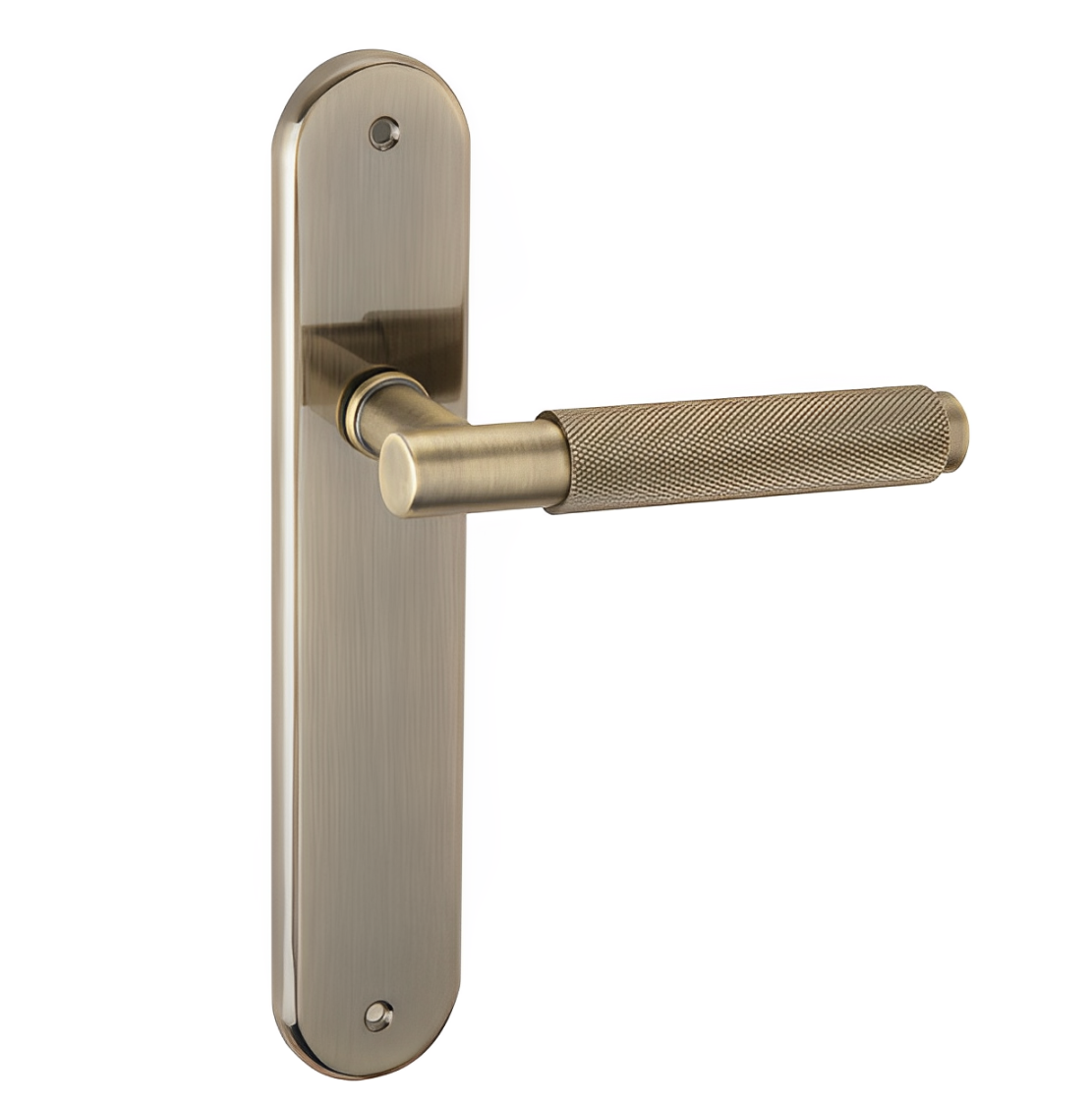 Manilla con placa ovalada de 250x48 mm en zamak acabado cuero para puertas