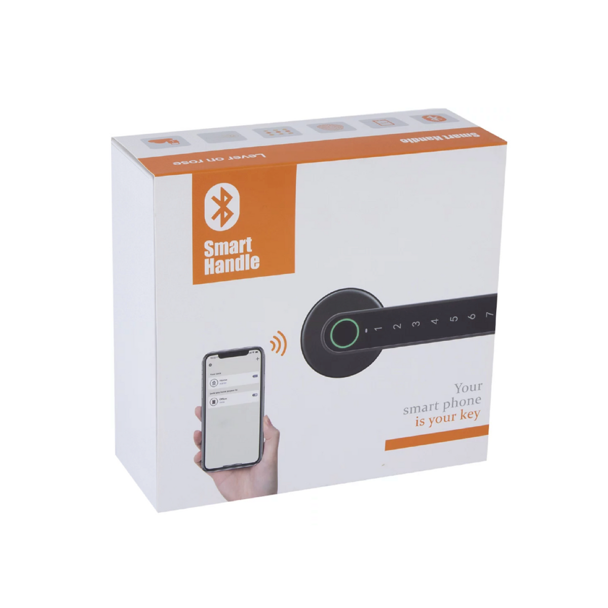 Elektronische deurklink met ronde rozet in grijze afwerking met vingerafdruk, pincode en bluetooth