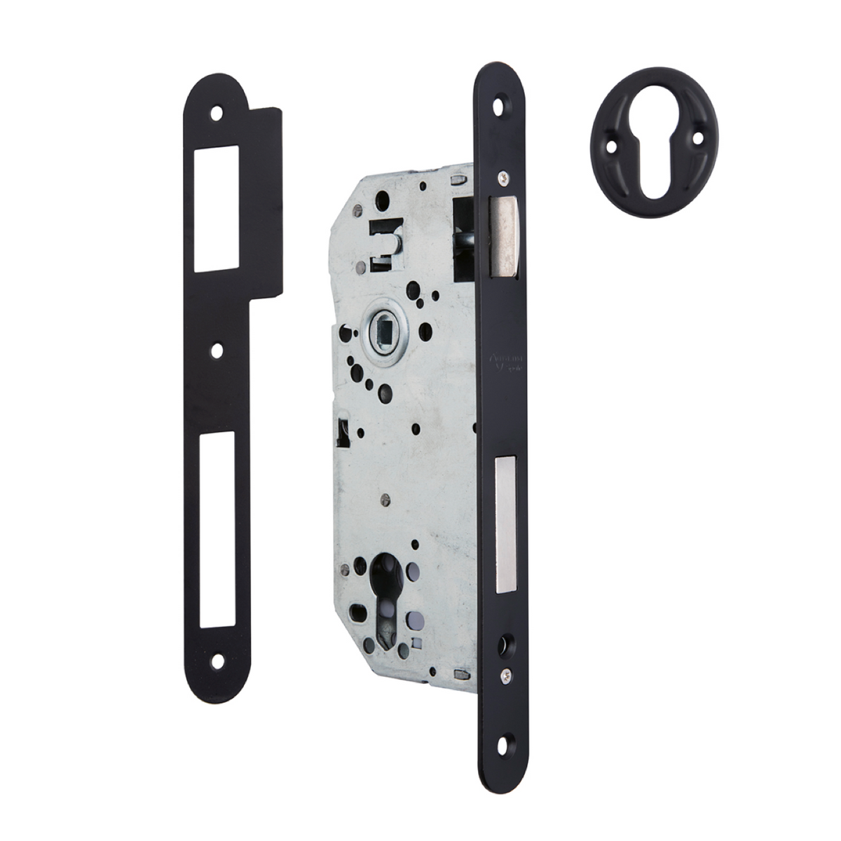 60mm mortise lock for European cylinder, round edge faceplate, 85mm center-to-center distance, black finish