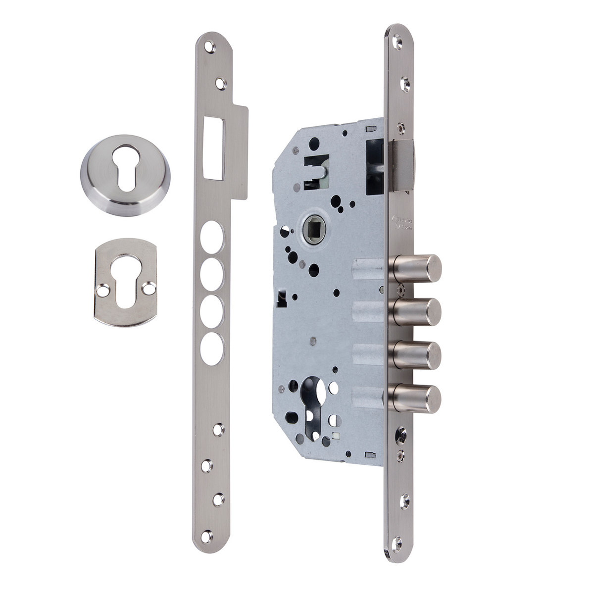 50mm round edge security lock with 4 steel bolts, satin nickel finish