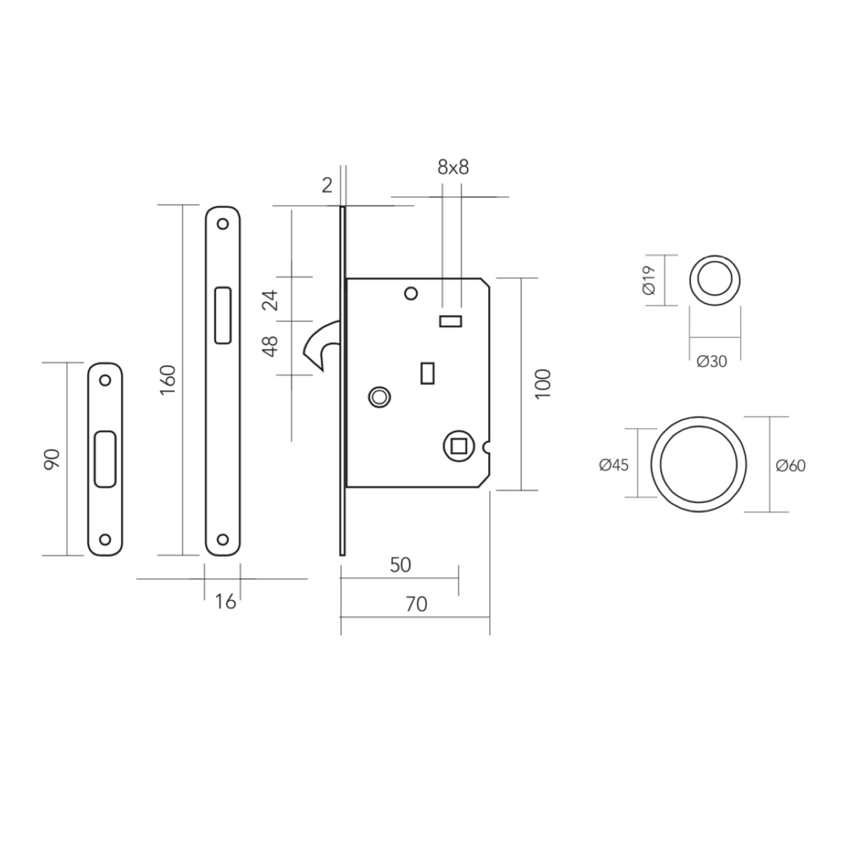 Kit pour porte coulissante en finition noire avec 2 clés de sécurité incluses