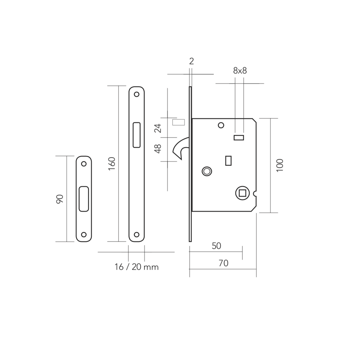 Kit pour porte coulissante, avec serrure à bouton plus condamnation et tirettes rondes, finition or brillant