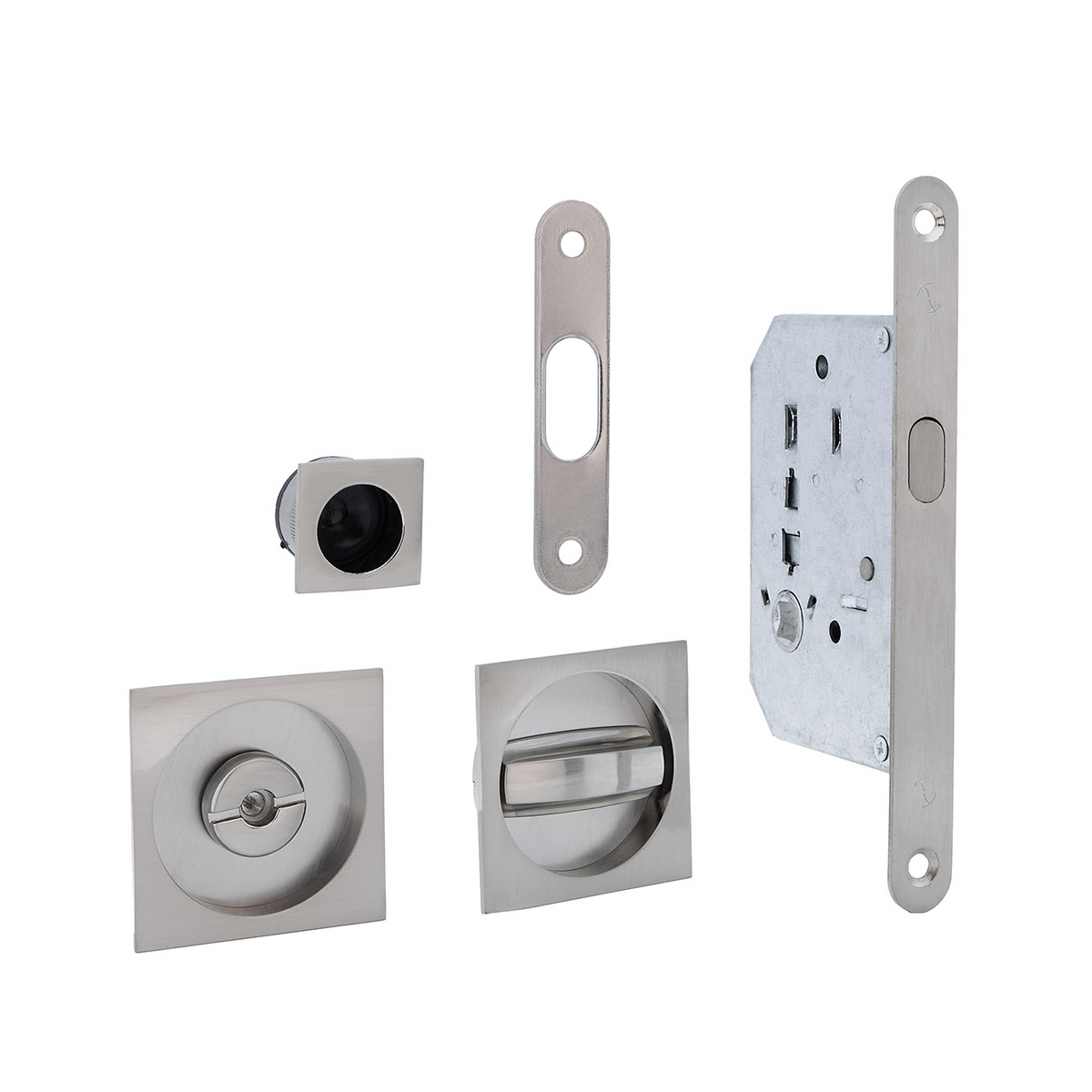 Kit per porta scorrevole con serratura e maniglia a incasso quadrata in finitura nichel satinato